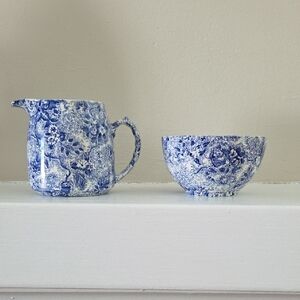 Blue and White Floral Pitcher and Bowl Set
